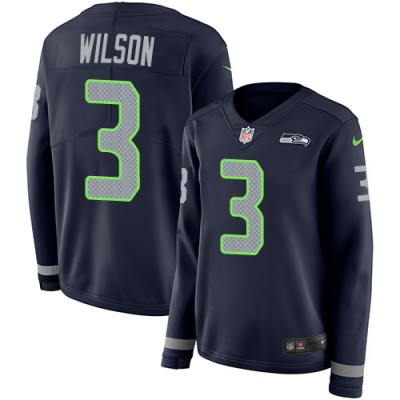 Nike Seattle Seahawks #3 Russell Wilson Steel Blue Team Color Women's Stitched NFL Limited Therma Long Sleeve Jersey